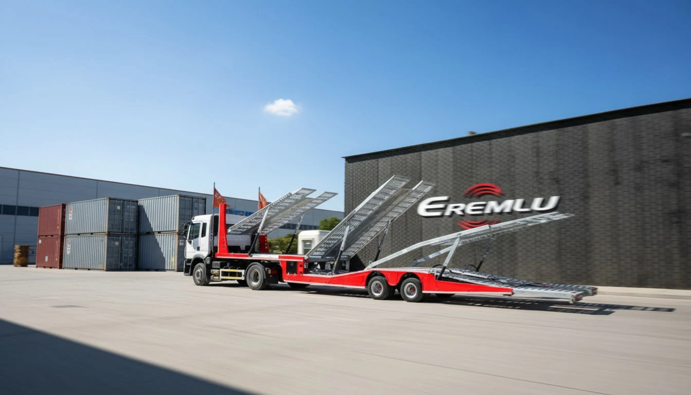 Scène extérieure d'un port de conteneurs avec des containers empilés sous un ciel bleu dégradé
