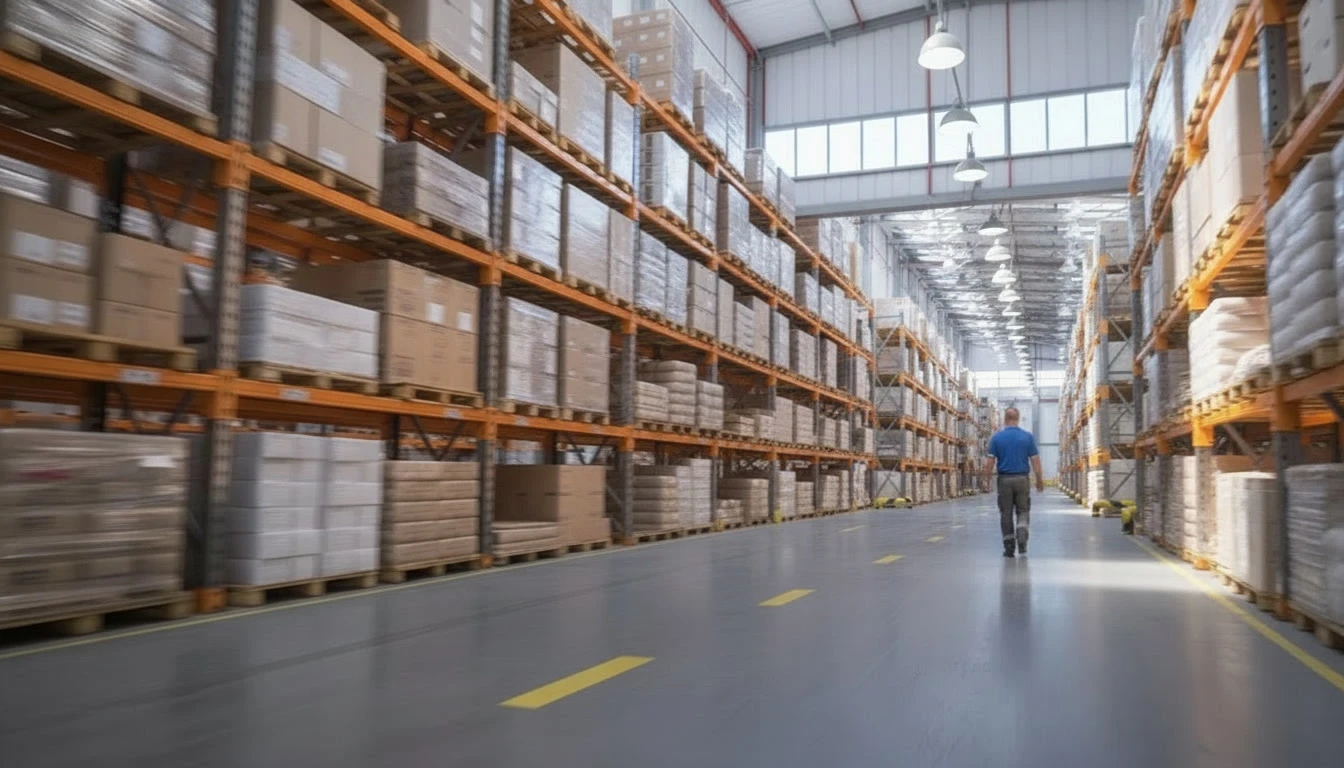 entrepôt industriel: étagère et palette pour le stockage et la distribution des pièces de rechange