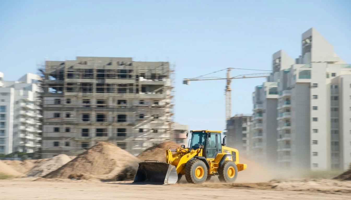 Atelier industriel avec technicien en bleu de travail manipulant équipement hydraulique jaune et noir