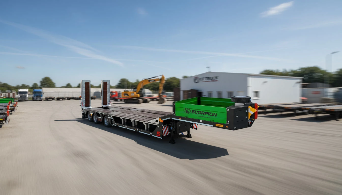 Scène extérieure d'un terminal à conteneurs portuaire avec chariot élévateur rouge manipulant un conteneur maritime orange